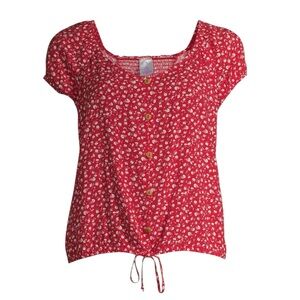 No Bo juniors' Flirty peasant Short Sleeves Top Red/White Floral Size S